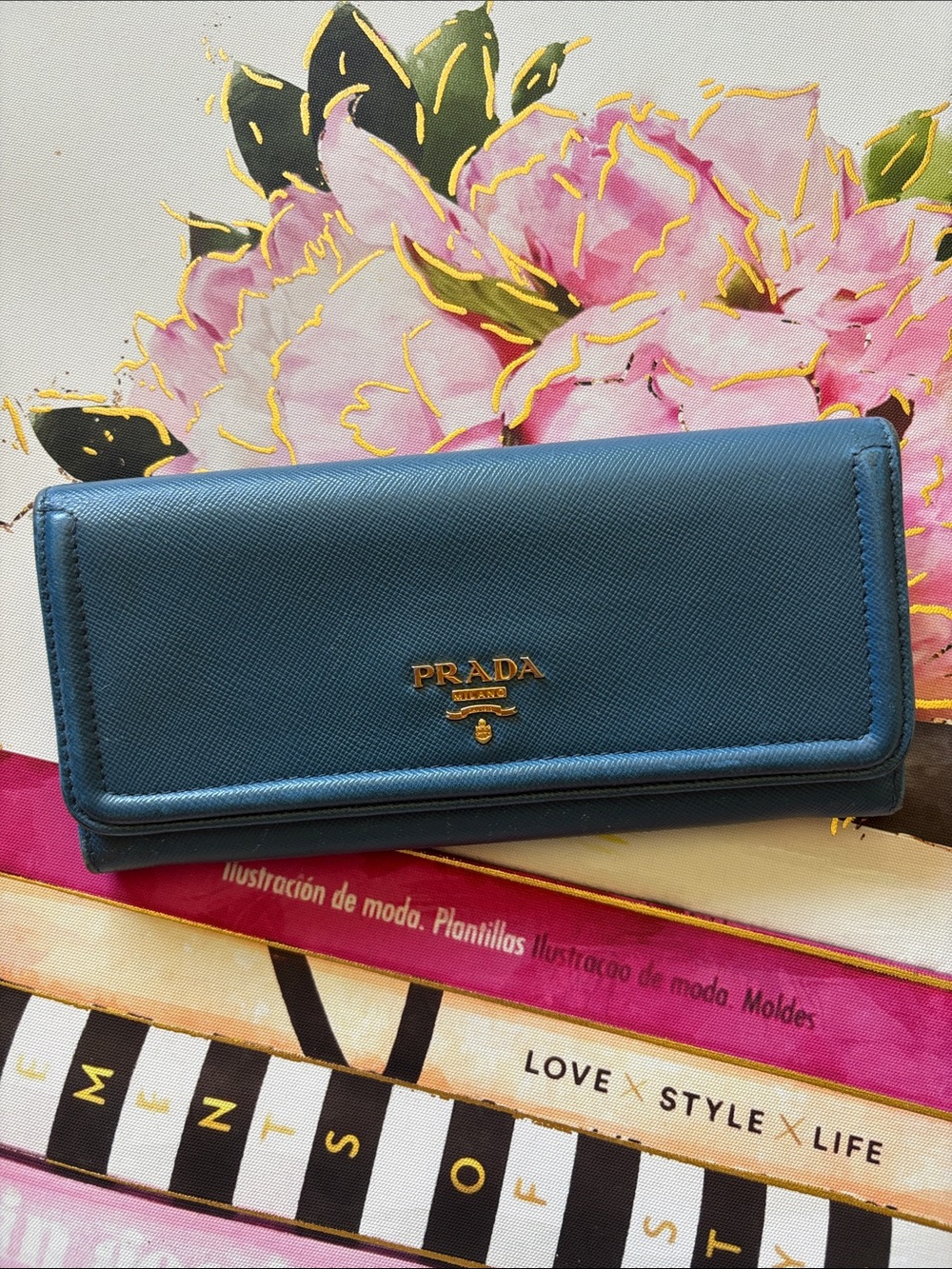 Prada Saffiano Leather Continental Wallet in Blue with Gold Logo bifold style